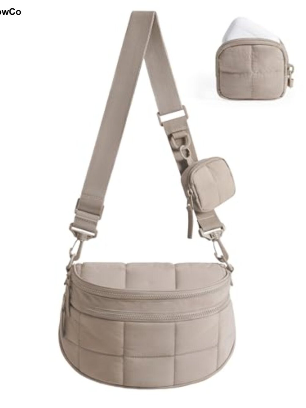 Puffer Quilted Nylon Crossbody Bag with Detachable Pouch, Adjustable Strap